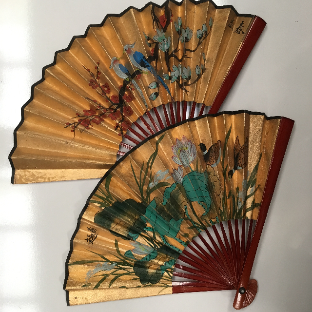 FAN, Asian Style - Small Gold w Painted Design